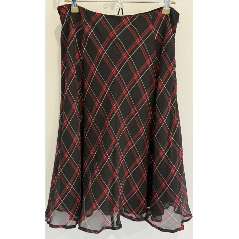 Jones New York Signature Black Red Vtg Silk Plaid Skirt Preppy Dark Academia 10